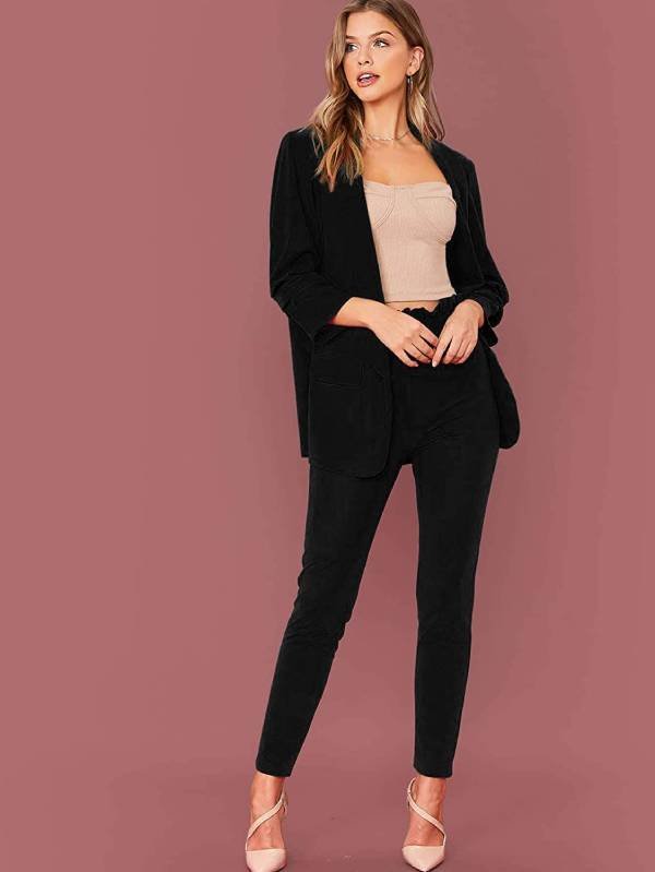 Trendy Work Clothes on a Budget - Two-Piece Open Front Long Sleeve Blazer and Elastic Waist Solid Pant Set Suit