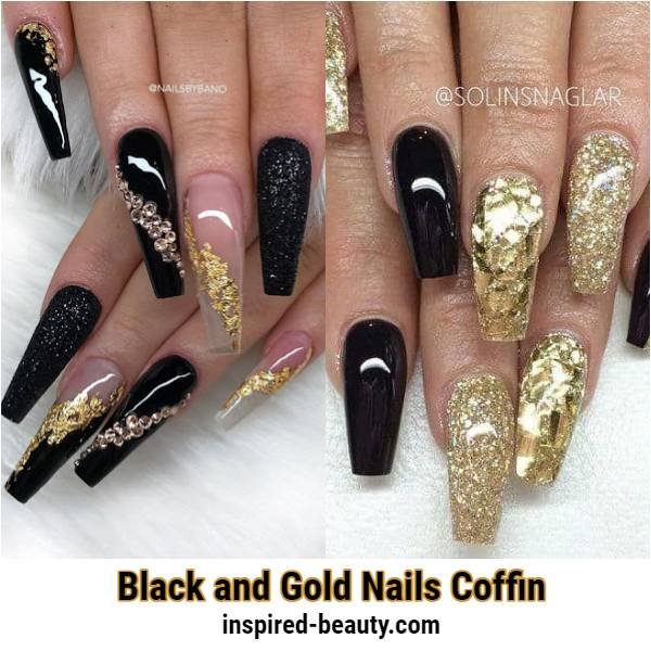 coffin black nails with gold design idea 2022