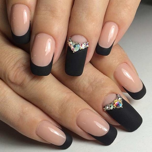 Black and Gold Nails with Rhinestones