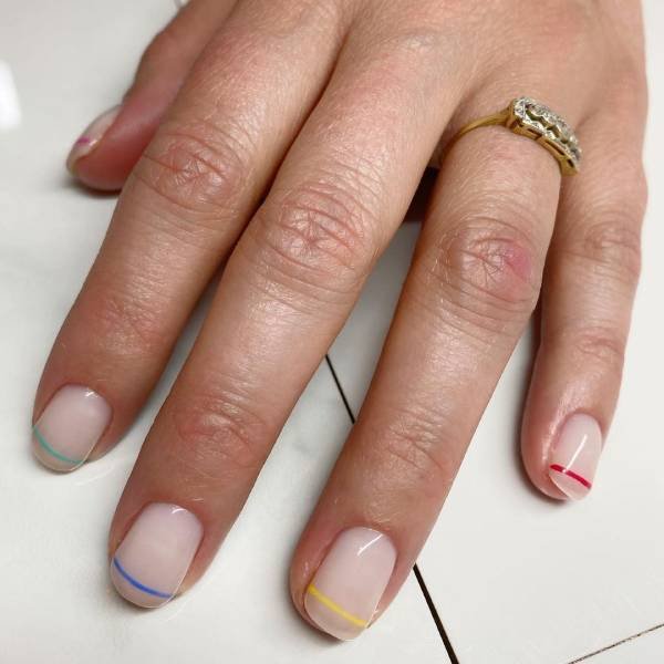 Short Minimalist nails with Multicolor lines art design