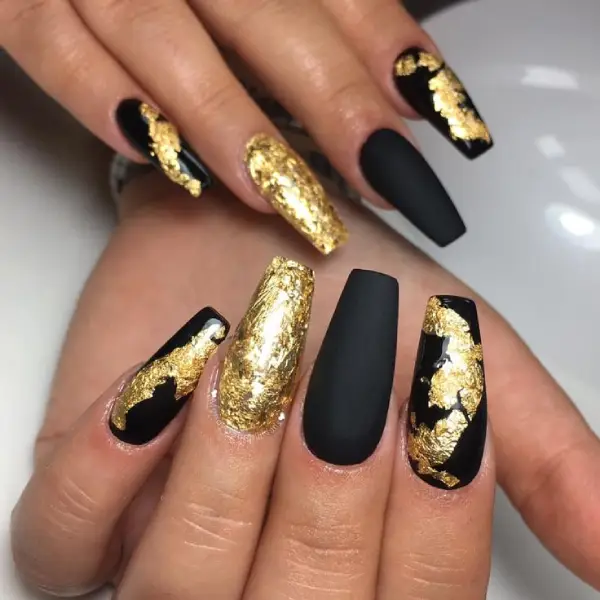 Long Matte Black Nails with Gold Design 