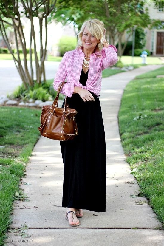 Pink and white top with black dress Fashion over 50 