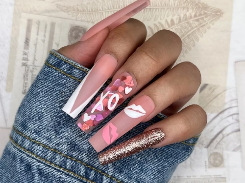 Coffin shape nails, pink and white