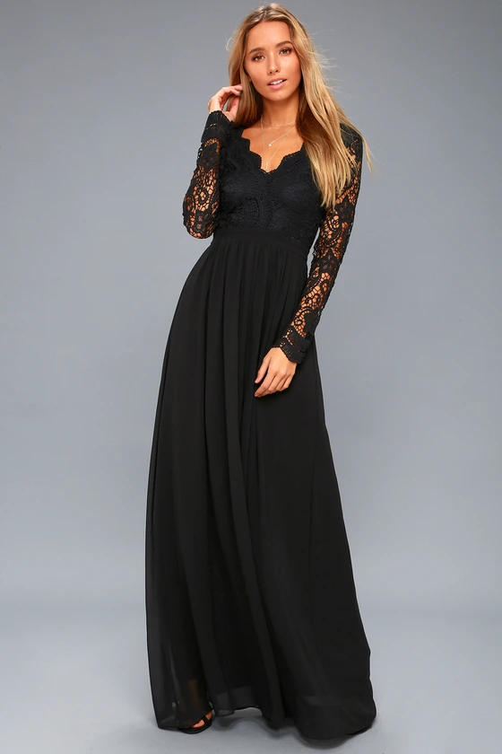 Black Long Sleeve Lace Maxi Graduation Dress