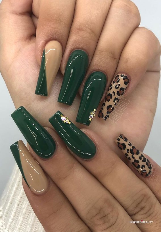 green and animal print nails