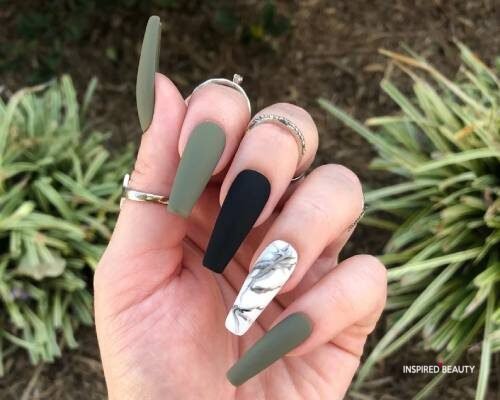 Matte emerald green, black and white marble