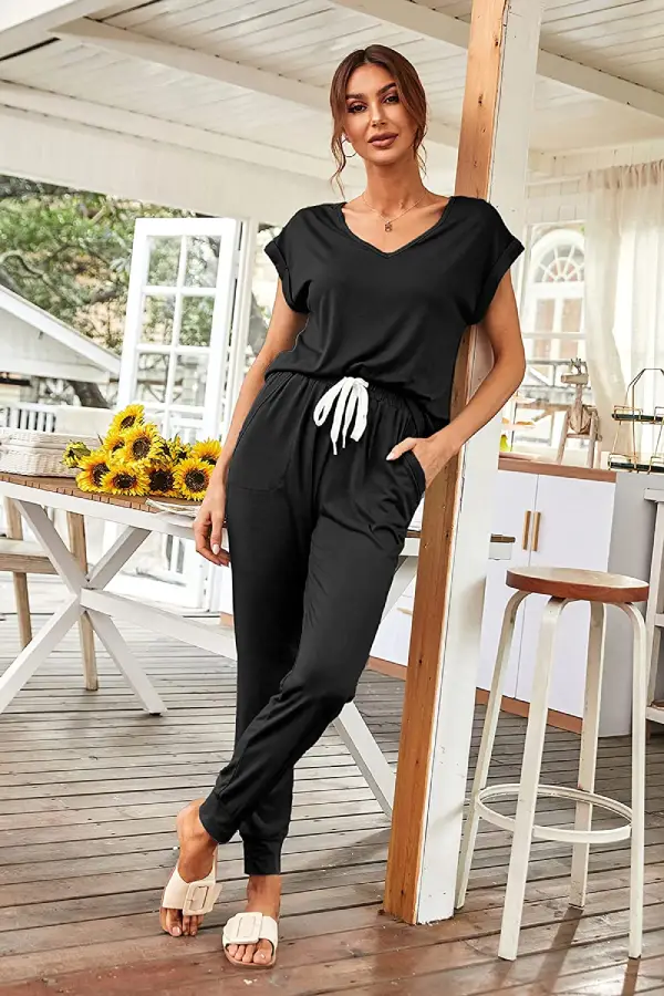 Black long Pants with Top Two-Piece Tracksuit V Neck Short Sleeve Drawstring Outfits Jogger Sets Summer Clothes