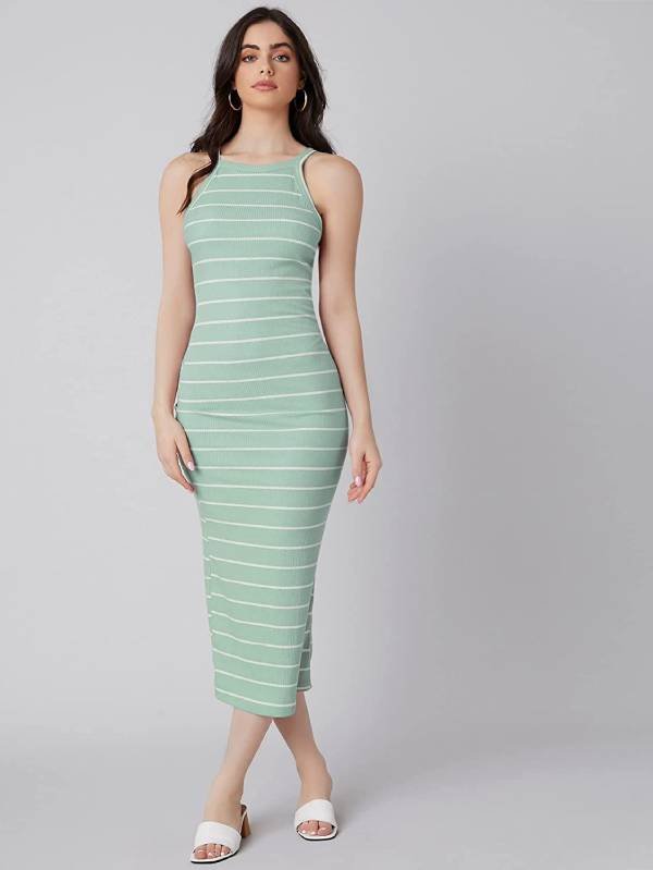 Women's Striped Print Sleeveless Rib Knit Casual Bodycon Long Dress for women 40 years and older