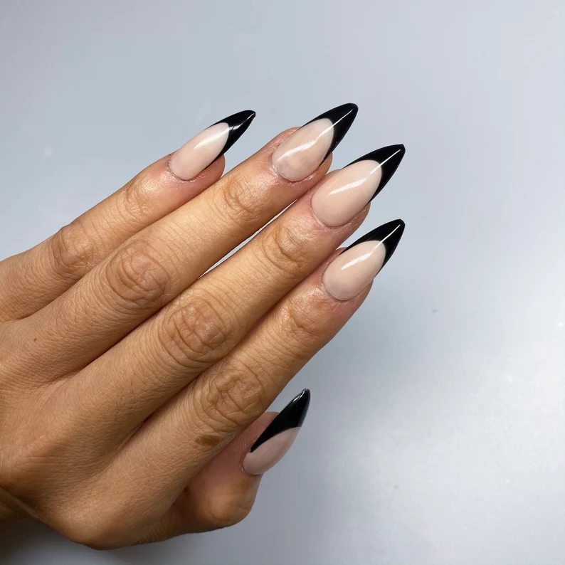 Black Oval Nails French Tip Glue On Nails