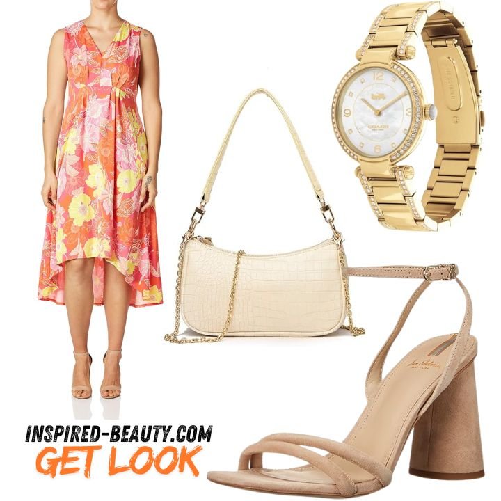 Floral Puff Print Dress with COACH Cary Women's Watch Retro Classic Purse Clutch and Kia Block Heel Sandal