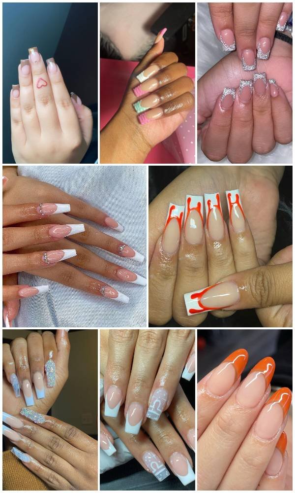 8 Cute French Tip Nails design ideas from brown, colorful, rainbow nail polish, orange nail design, glitter, rhinestone french manicure