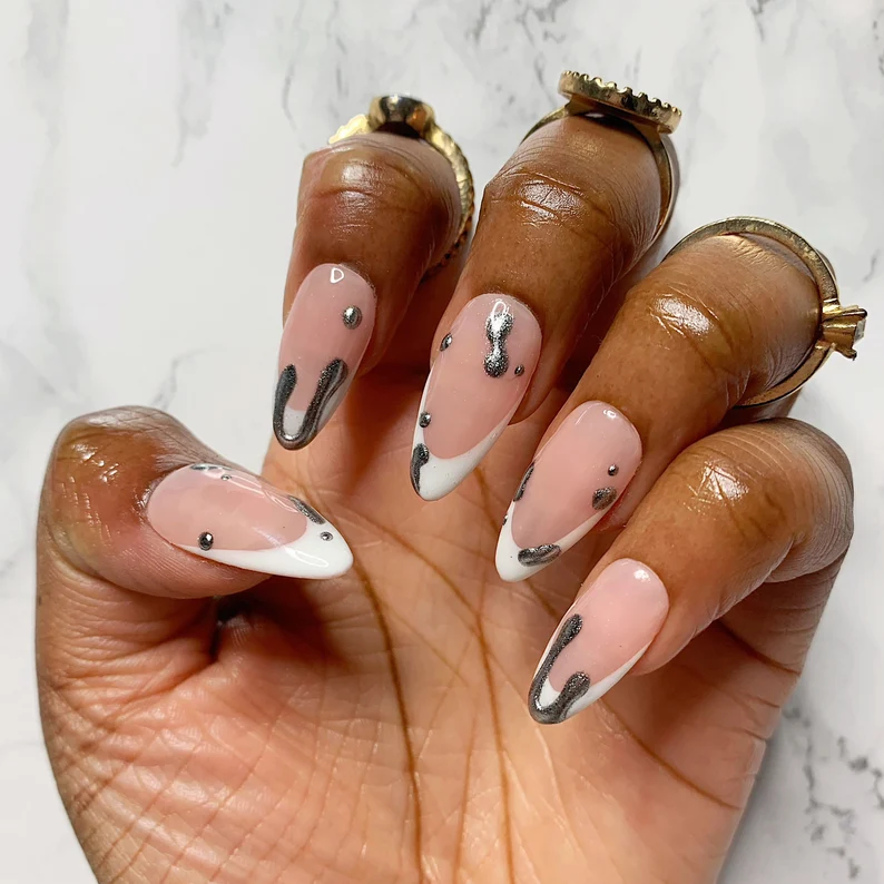 French Tip White Silver Chrome Drip Press On Nails