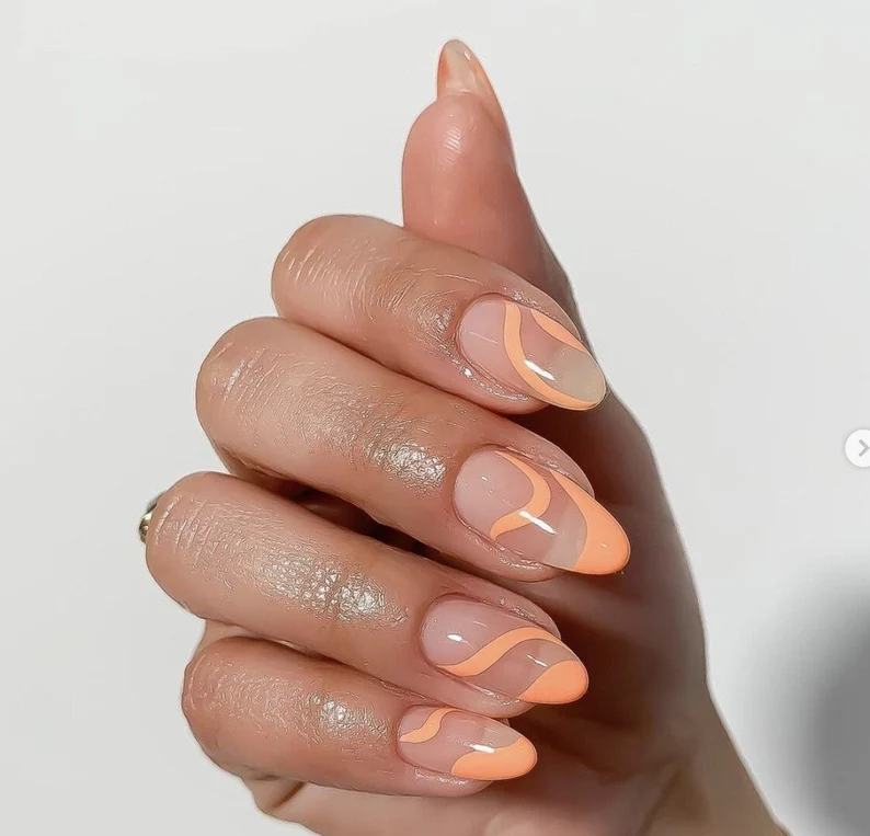 Orange Abstract Oval Press on Nails with Designs