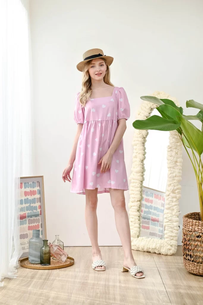 Puff Sleeve Heart Dress Cute Pink Dresses