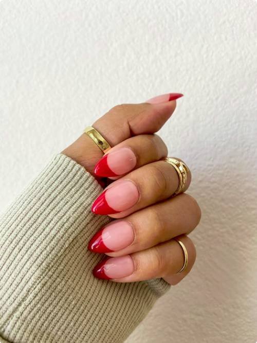 Red Tip Short Oval Press on French Tip Tip Nails