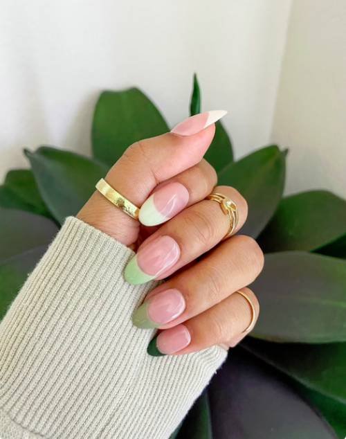 Short Oval Green Ombre French Tip Press on Nails