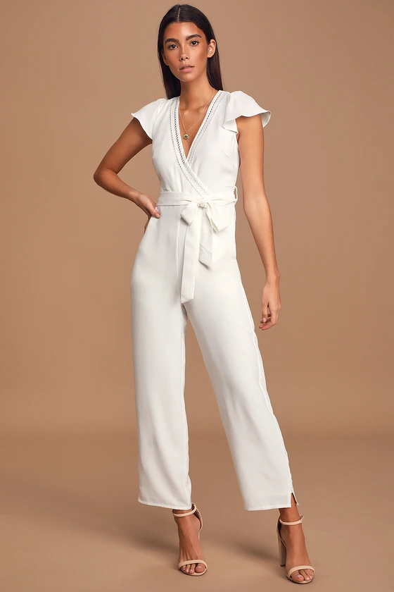 White Short Sleeve Jumpsuit Trendy Work Clothes on a Budget