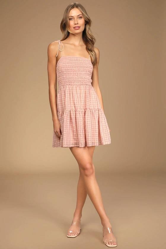 Blush Plaid Tie-Strap Smocked Summer Mini Dress