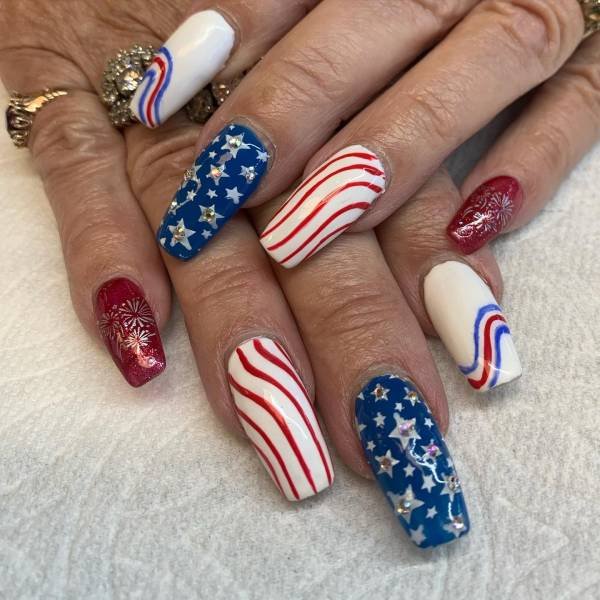 Cute Long Coffin 4th of July Nails