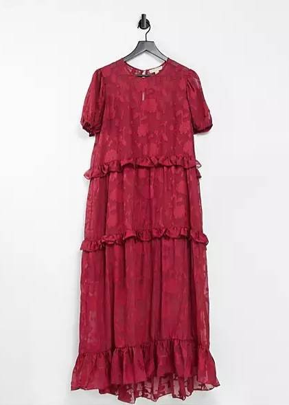 Dark Pink Smock Frill Midi Sundresses for Women Over 50 in Textured Red Floral