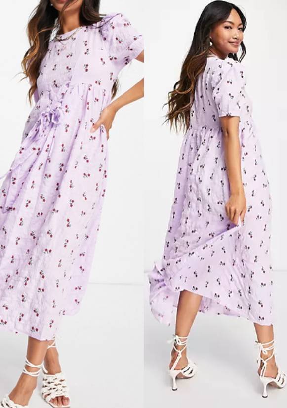 Midi Smock Dress with Tie Front in Pretty Floral