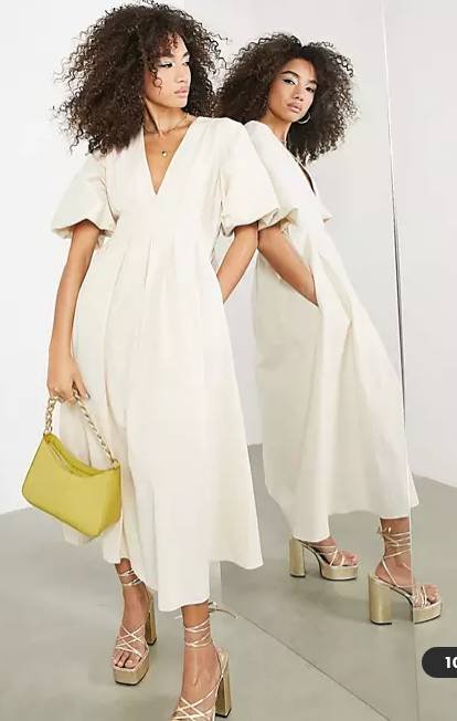 Pleat Waist Midi with blouson sleeve in cream Summer Dresses for Older Ladies
