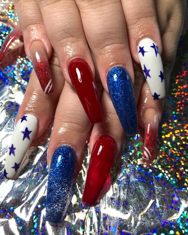 Red and White Coffin 4th of July Nails