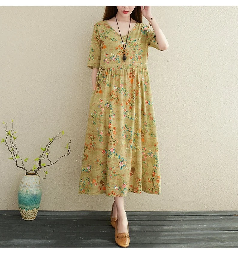Women Printed Cotton Floral Casual Loose Robes Half Sleeves Shift Dress