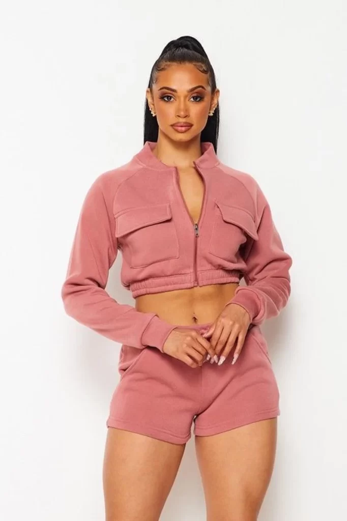 Women’s Full-Zip Long Sleeve Crop Top 2 Piece Shorts Sets Baddies Outfits Ideas