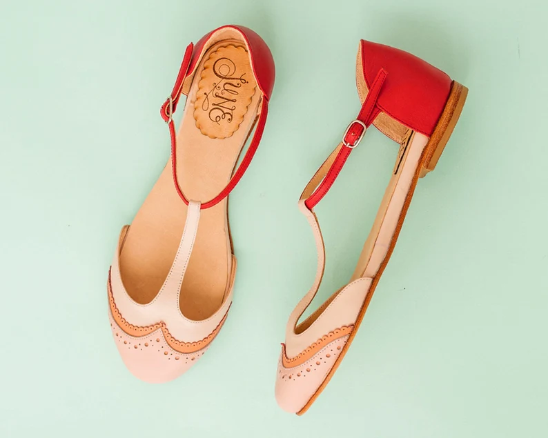 Leather Mary Jane flat sandal in pink and red Shoes for Older Women