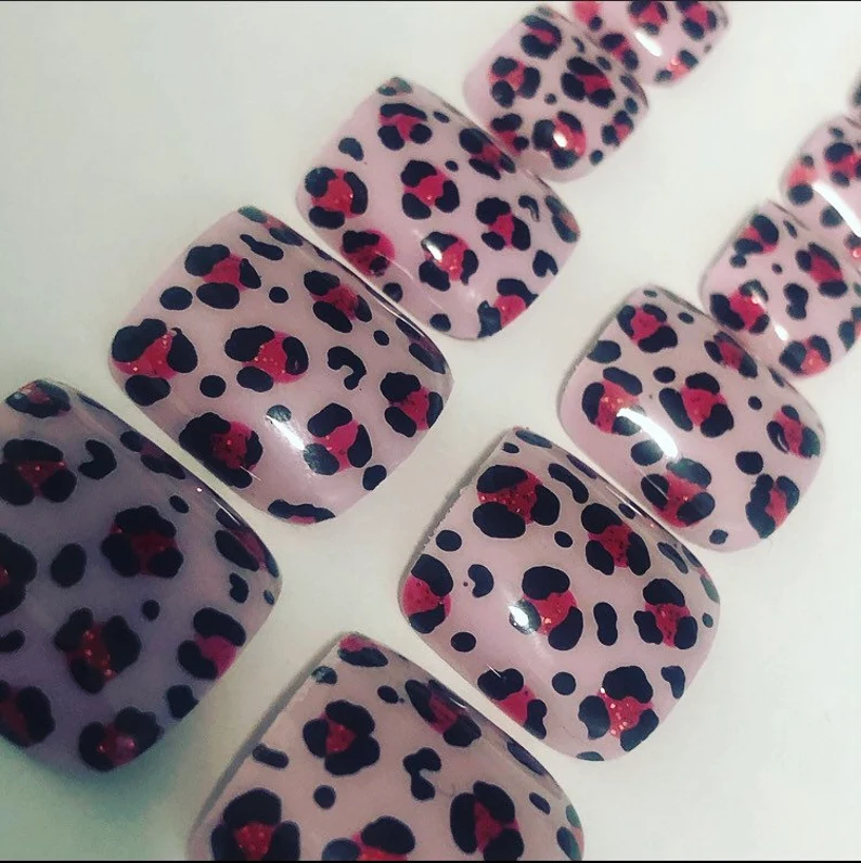 Purple and Red Leopard Print False Toe Nails