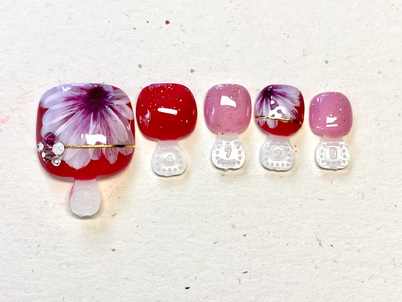 Red and Pink Hand-Painted Floral Press-on False Toenail