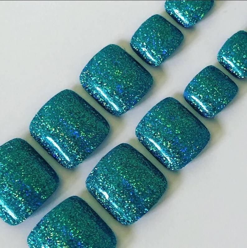 Turquoise Holographic Glitter False Toe Nails