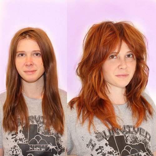 Red haircut before and after