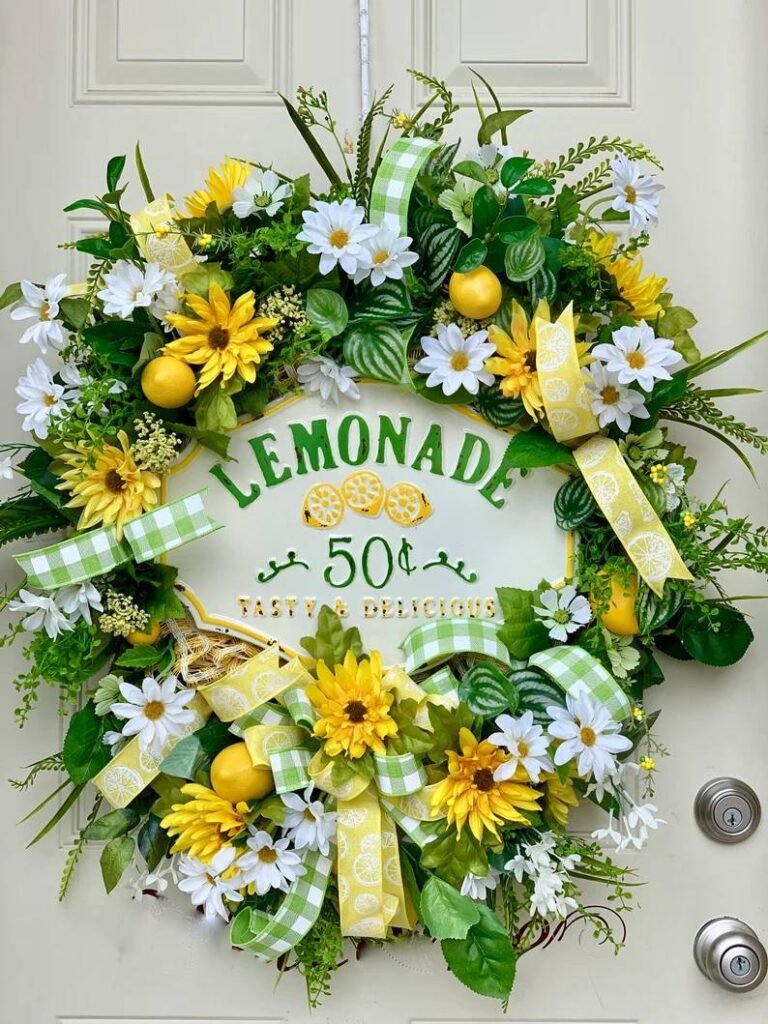 Floral Lemond Door Decor: Lime Yellow, Green and White Summer Wreath