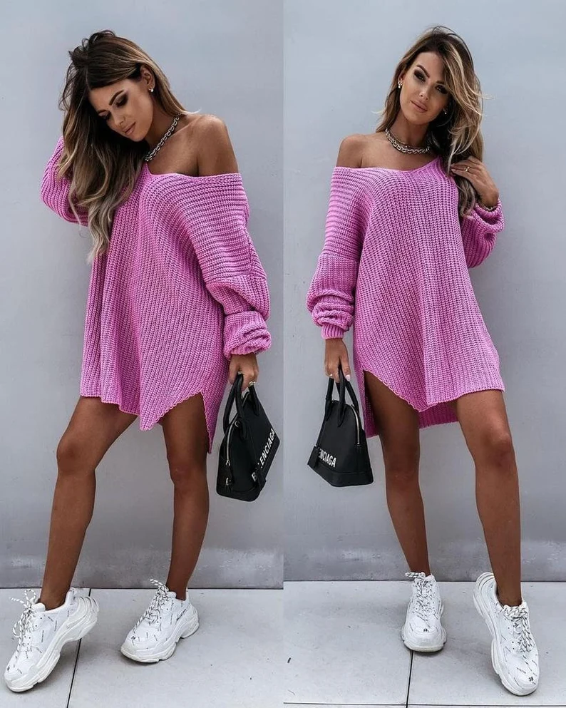 Loose Boho Mini Knit Tunic Sweater dress for Women