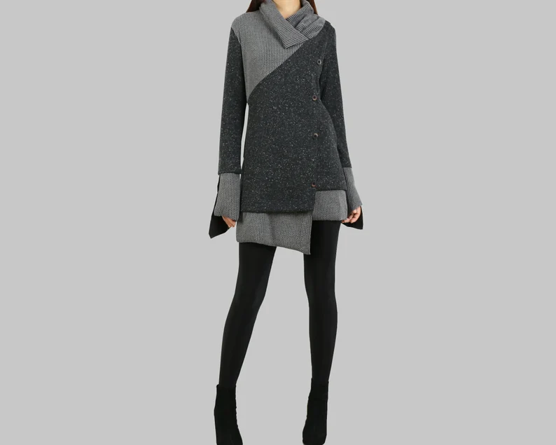 Grey and Black Button Front Pullover Sweater Dress for Women