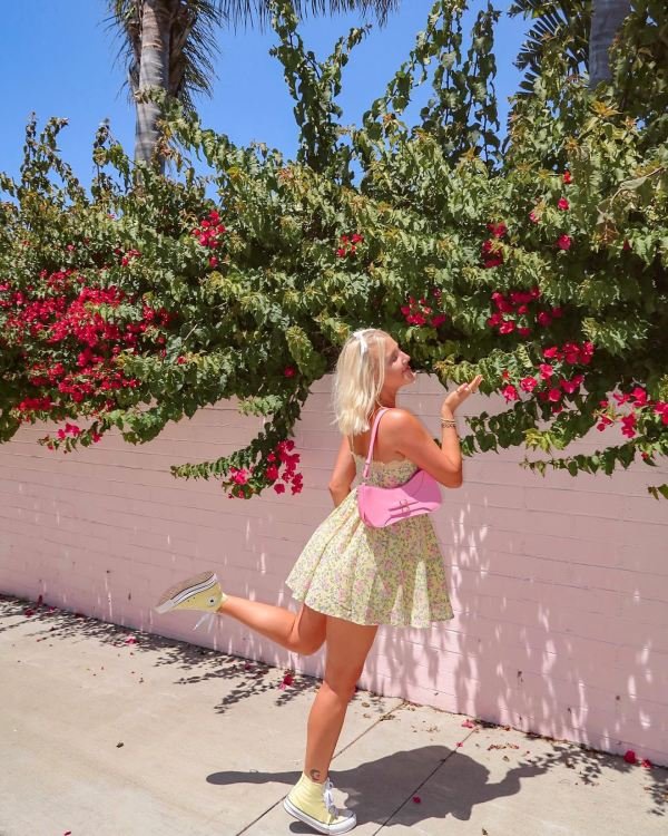 floral yellow dress and sneakers outfit, perfect summer look for woman.