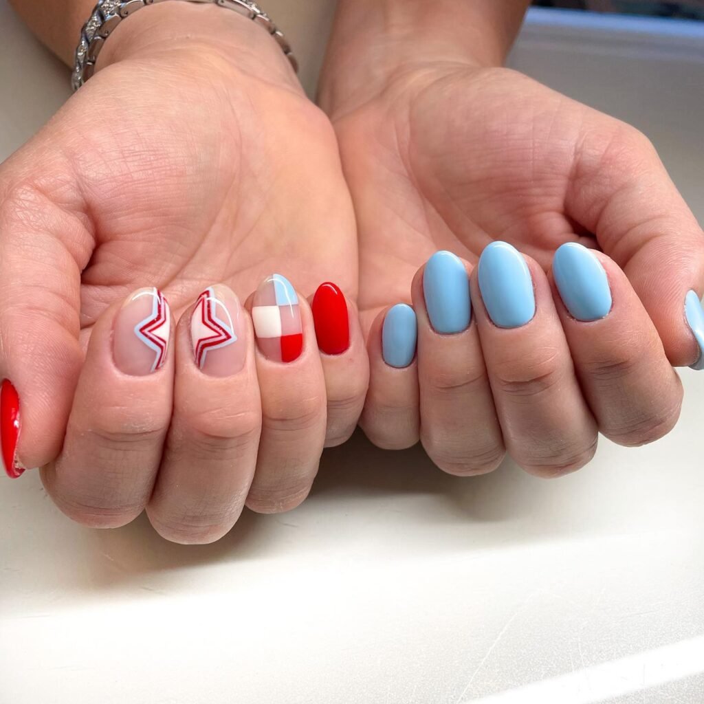 blue, red and white nails
