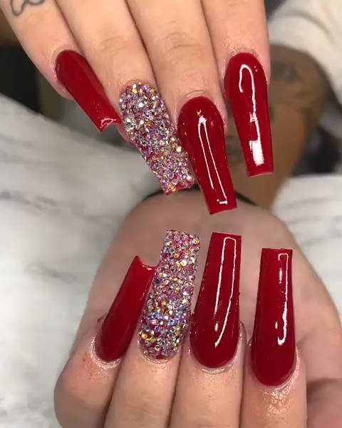 Long Red nails with design 