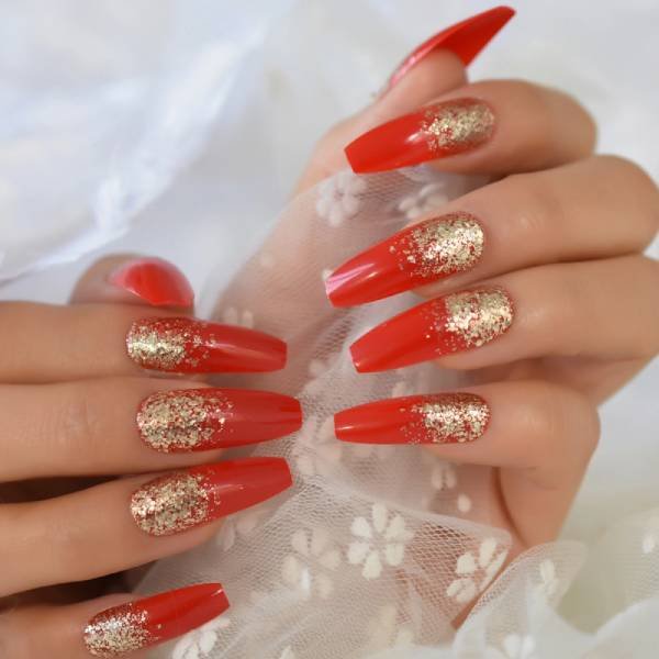 Bright Red nails with Gold glitter