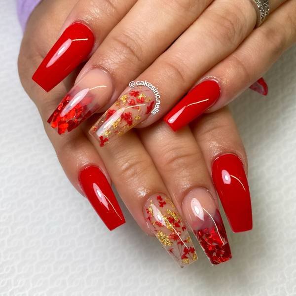 Gold and red floral nail design ideas for long nails 