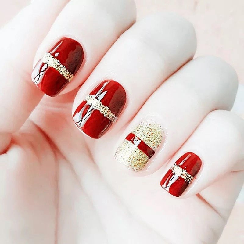 Red and gold nails short and cute