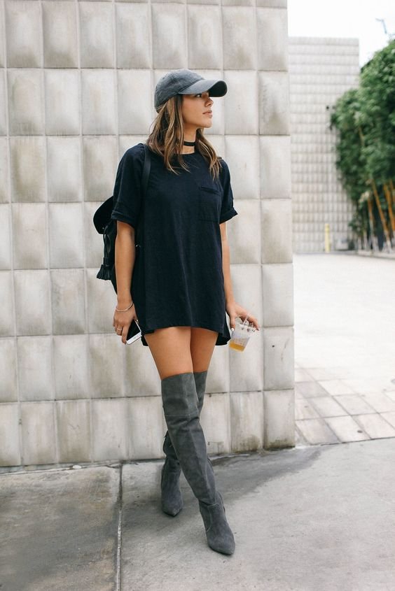 grey knee high boots outfit ideas
