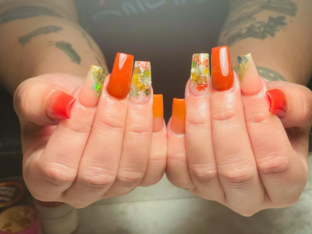 Short Coffin Fall Nail with Pumpkin Orange and Fall Leaf