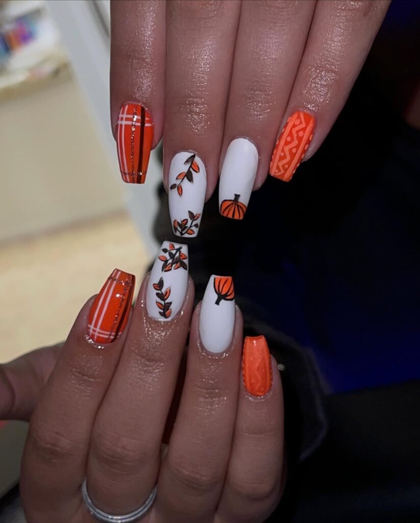 Orange and white Coffin Classy Fall Nails