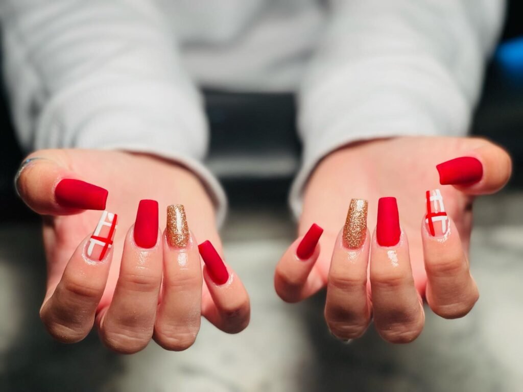 Red, white and gold Coffin Fall Nails