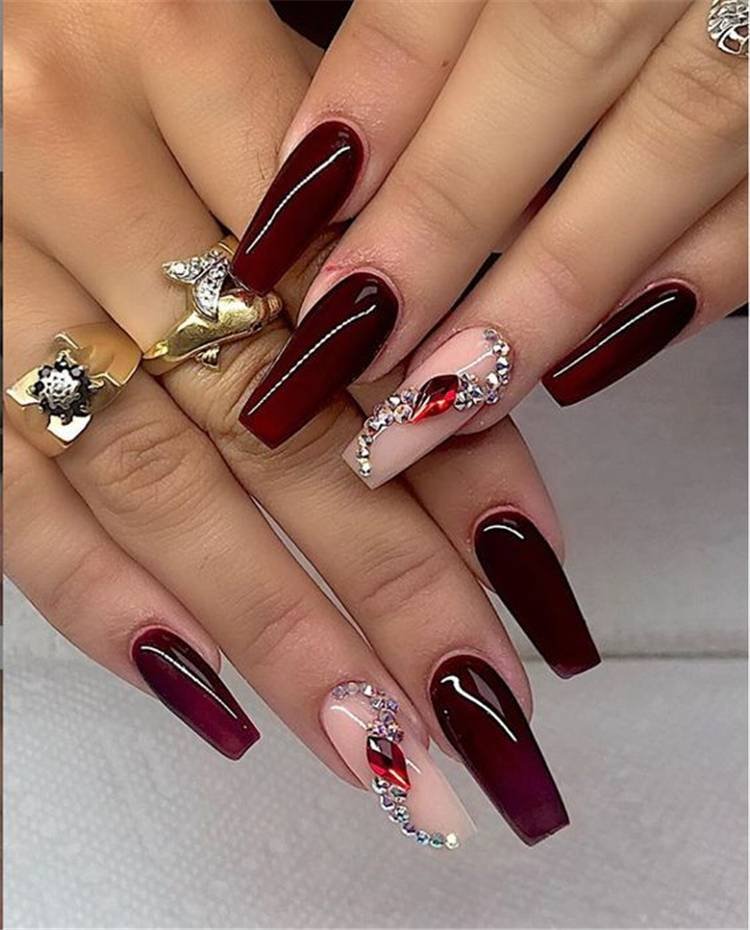 Burgandy Coffin Nails with Rhinestones for Fall