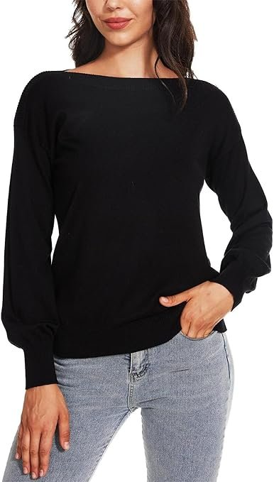 Boat Neck Long Sleeve Sweaters Casual Lightweight Knit Pullover Tops