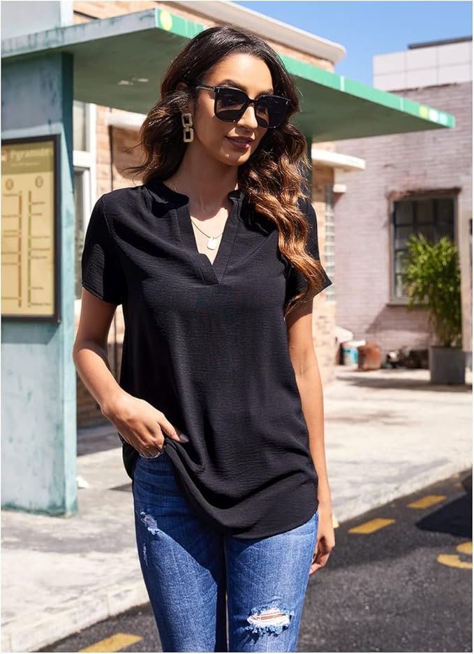 Chiffon Blouses Dressy Casual Short Sleeve Split V Neck Shirts